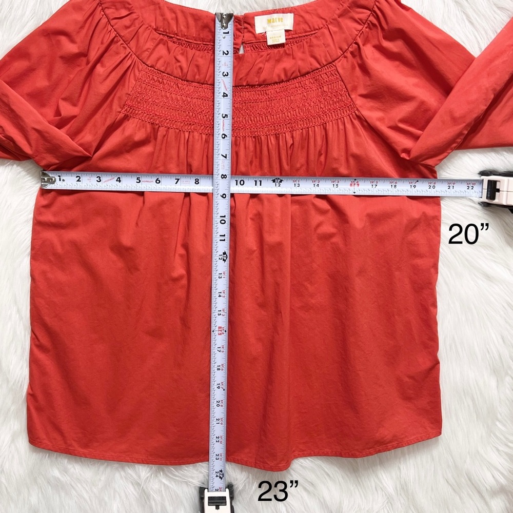 SOLD-Anthropologie Smocked Embroidered Coral Red Peasant Blouse - Picture 9 of 9